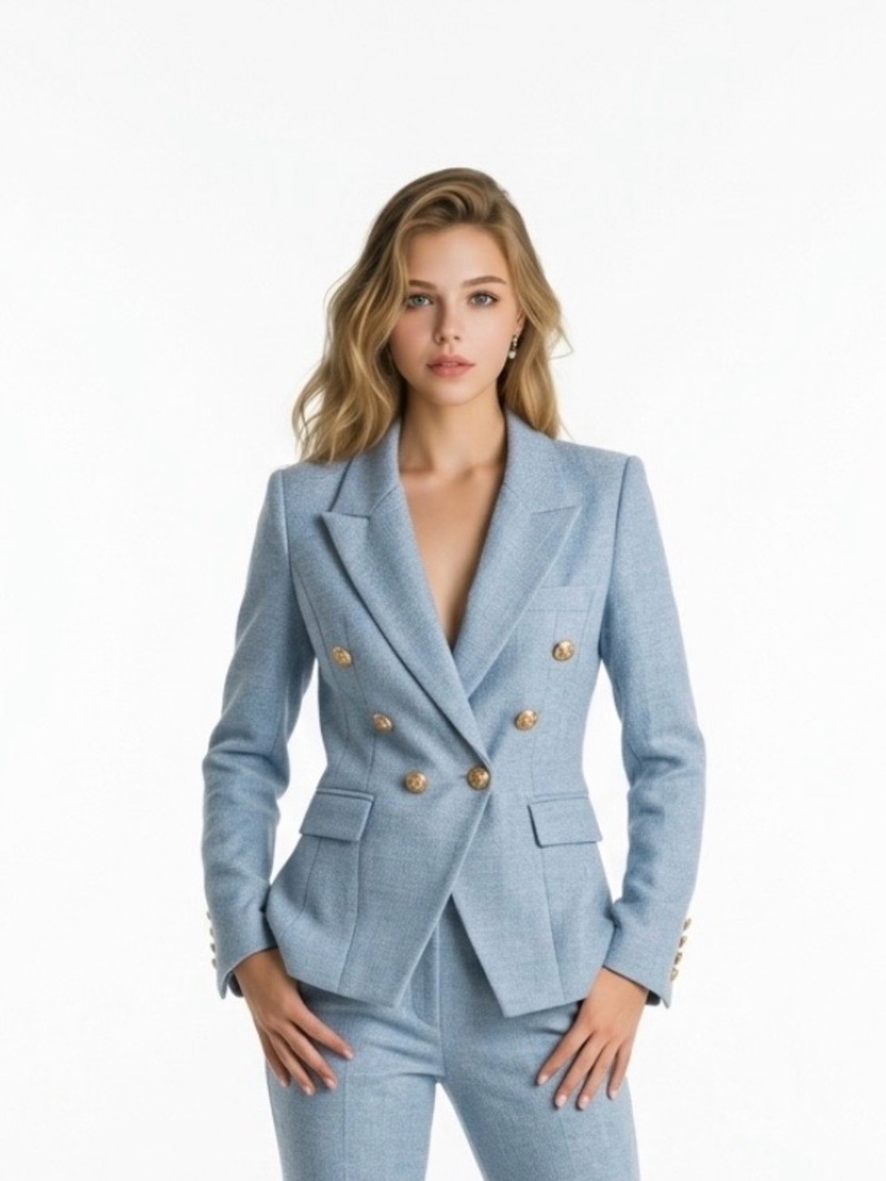 Double-Breasted Light Blue Women's Blazer Jacket
